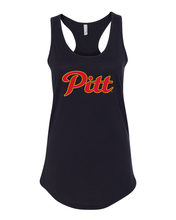 Load image into Gallery viewer, Grey Pittsburg State Pitt Logo Ladies Racer Tank Top - Black