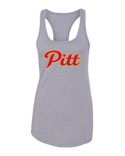 Load image into Gallery viewer, Grey Pittsburg State Pitt Logo Ladies Racer Tank Top - Heather Grey