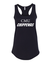 Load image into Gallery viewer, CMU White Text Chippewas Tank Top | Central Michigan University Logo Apparel Womens Racerback - Black