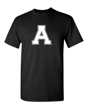 Load image into Gallery viewer, Alma College White A Adult T-Shirt | Alma College Scotty Student and Alumni Mens/Womens T-Shirt - Black