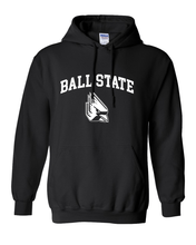 Load image into Gallery viewer, Ball State Block Letters with Student Logo Hooded Sweatshirt - Black