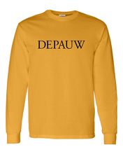 Load image into Gallery viewer, DePauw Black Text Long Sleeve T-Shirt - Gold