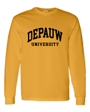 Load image into Gallery viewer, DePauw 1 Color Black Text Long Sleeve T-Shirt - Gold