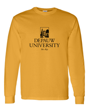 Load image into Gallery viewer, DePauw Full Logo Black Ink Long Sleeve T-Shirt - Gold