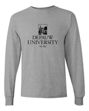 Load image into Gallery viewer, DePauw Full Logo Black Ink Long Sleeve T-Shirt - Sport Grey