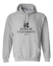 Load image into Gallery viewer, DePauw Full Logo Black Ink Hooded Sweatshirt - Sport Grey