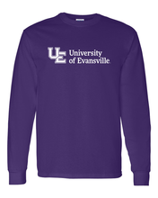 Load image into Gallery viewer, Evansville White Text Long Sleeve T-Shirt - Purple