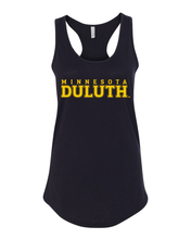 Load image into Gallery viewer, Minnesota Duluth Gold Text Ladies Racer Tank - Black
