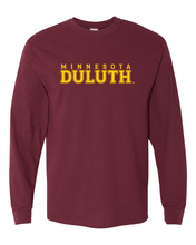 Load image into Gallery viewer, Minnesota Duluth Gold Text Long Sleeve T-Shirt - Maroon