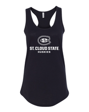 Load image into Gallery viewer, St Cloud State White Stacked Logo Lades Racerback Tank - Black