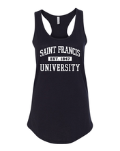 Load image into Gallery viewer, Vintage Saint Francis Est 1847 Ladies Racer Tank Top - Black
