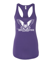 Load image into Gallery viewer, Westminster Griffins 1 Color Ladies Racer Tank Top - Purple Rush