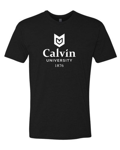 Premium Calvin University 1 Color Stacked Logo Adult T-Shirt - Black