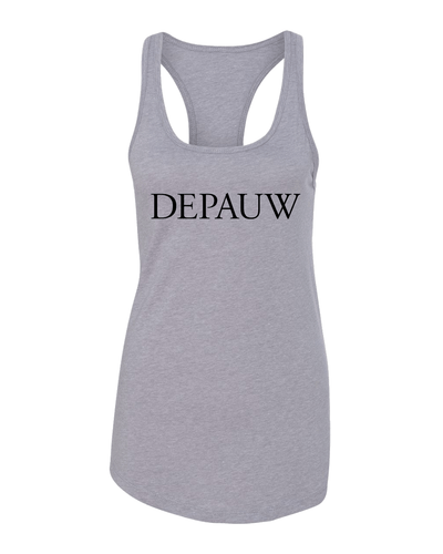 DePauw Black Ladies Racer Tank Top - Heather Grey
