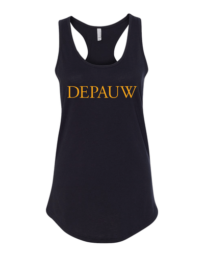 DePauw Gold Text Ladies Racer Tank Top - Black