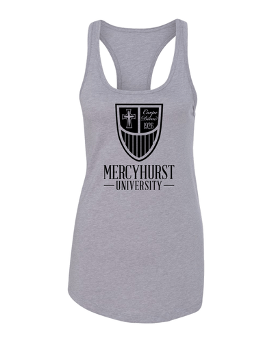 Mercyhurst Primary Shield Ladies Racer Tank Top - Heather Grey