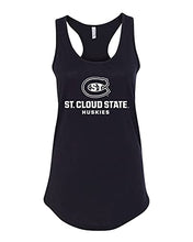 Load image into Gallery viewer, St Cloud State White Stacked Logo Lades Racerback Tank - Black
