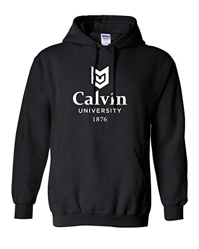 Premium Calvin University 1 Color Stacked Logo Adult Hoodie - Black