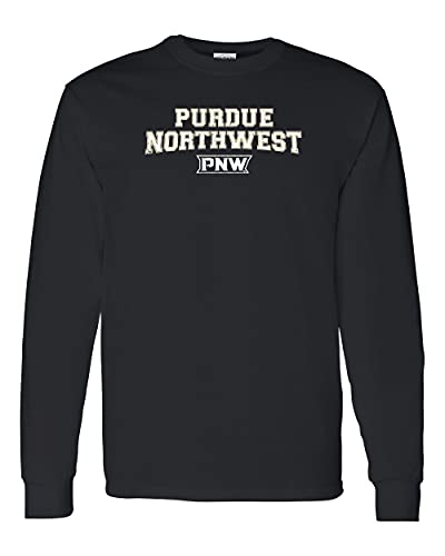 Purdue Northwest PNW Distressed Two Color Long Sleeve T-Shirt - Black